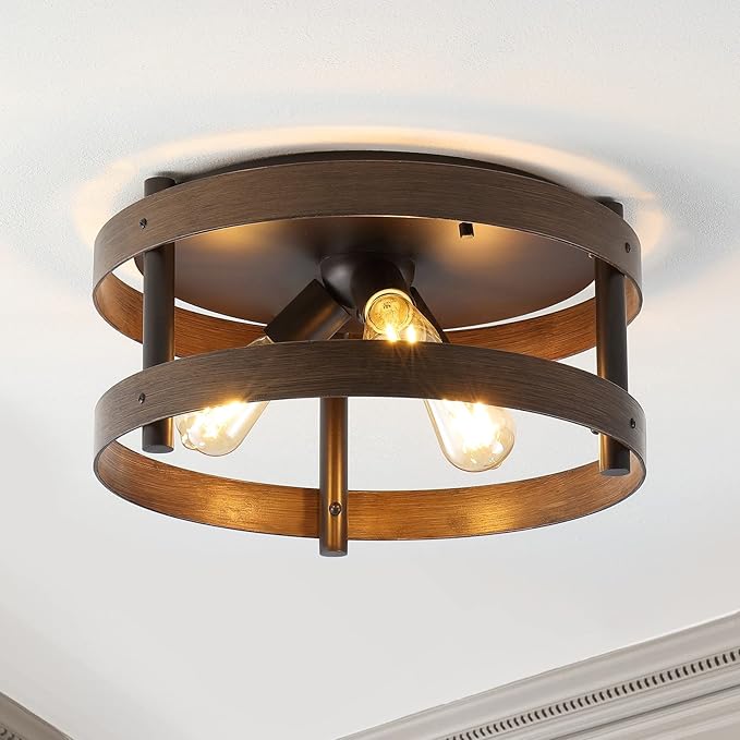 JONATHAN Y 16" Dark Brown Wood and Oil Rubbed Bronze 3-Light Iron Flush Mount, Farmhouse Industrial Round Ceiling Light for Kitchen Bedroom Hallway, LED Bulbs Included JYL1305A
