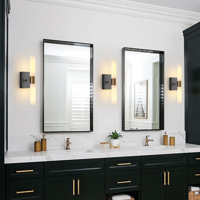 KUZZULL Wall Sconces Set of Two Black and Brass Wall Lights with White Frosted Glass Shade Modern Wall Lamp for Bathroom Living Room Indoor Vanity Up and Down Sconces Wall Lighting for Hallway