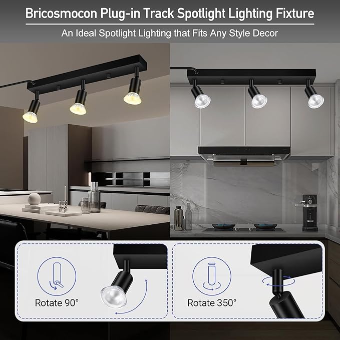 Plug-in Track Lighting, LED Track Lighting Fixtures Ceiling Kit, 16" Black Plug in Wall Light with 14.8ft Cord, 3-Light Ceiling Spotlight,Rotatable Kitchen Light Head for Bedroom Hallway(GU10,NO Bulb)