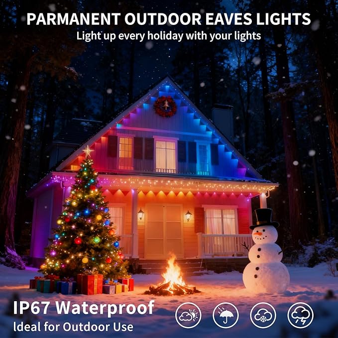 Permanent Outdoor Lights 100ft 60 LED RGBIC, APP Control with Remote, Music Sync DIY DreamColor, Timing Warm Cool White, IP65 Waterproof for Halloween Christmas House Eave Decorations
