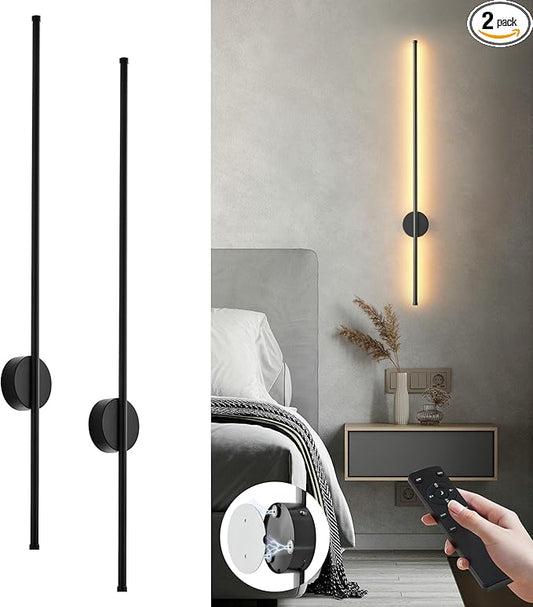 Battery Operated Modern Wall Sconces Set of Two,Rechargeable Wireless Wall Lights with Remote Control,Dimmable,3CCT,Timer,360°Rotation,Cordless Lighting for Bedroom,Living Room,Hallway,Black,39.3 Inch