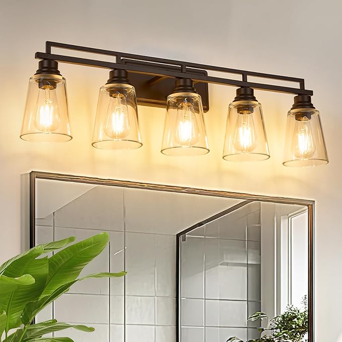 Refice 5-Light Bathroom Vanity Lights, Bathroom Light Fixtures with Clear Glass Shades, Vintage Oil Rubbed Bronze Wall Sconces Over Mirror for Living Room, Farmhouse, Hallway