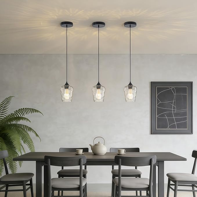 3 Pack Mini 5.1" Glass Pendant Lights Kitchen Island Lighting, Small Black Hammered Glass Pendant Light Fixtures, Black Hammered Glass Island Lights for Kitchen for Dining Room Sink