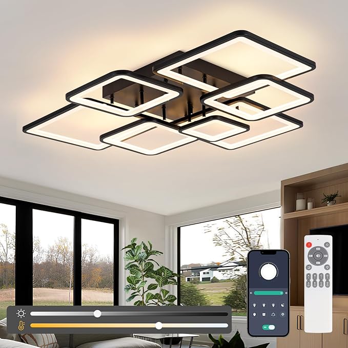 Modern LED Ceiling Light 35.04" Dimmable Black Flush Mount Ceiling Light with Remote 7 Rings 90W 3000K-6500K Ceiling Lamp for Living Room,Bedroom,Kitchen