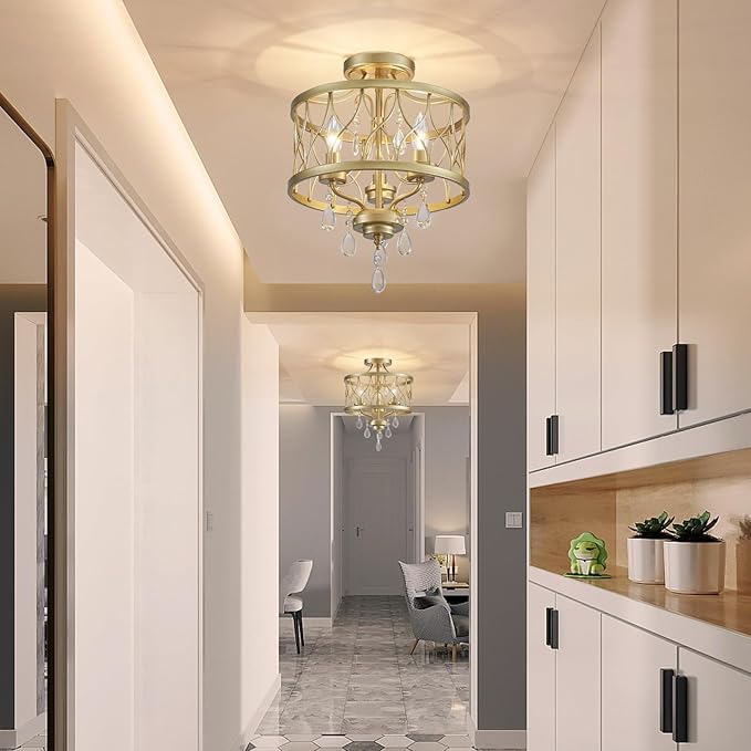Farmhouse Crystal Ceiling Light Fixture, 3-Light Semi Flush Mount Crystal Chandelier Light Fixture Rustic Vintage Gold Pendant Ceiling Lamp for Hallway Corridor Kitchen Entryway Bedroom Living Room