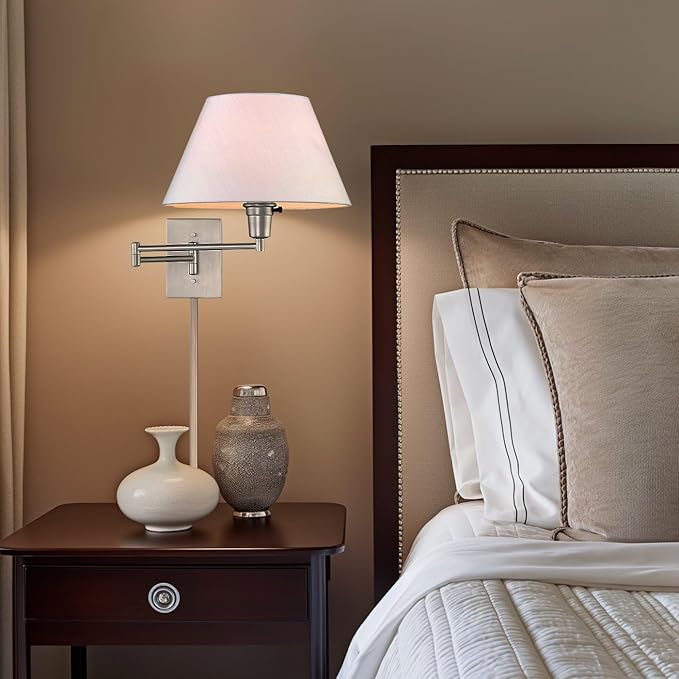 Kira Home Cambridge 15" Set of 2 Modern Swing Arm Wall Sconce with White Empire Fabric Shade, 2-in-1 Plug in or Hardwired Wall Lamp with 3-Way Switch, Satin Nickel Finish