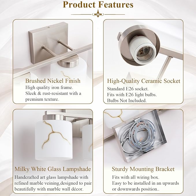 Brushed Nickel Bathroom Light Fixtures,Modern 2-Light Bathroom Vanity Light Over Mirror with White Marble Glass Shade,Wall Sconces Lighting for Bedroom Cabinet Kitchen Living Room