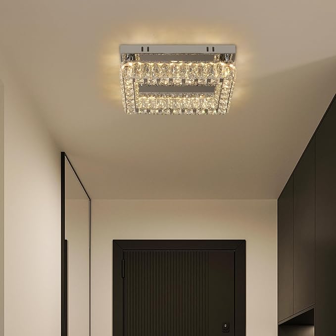 Finktonglan Modern Crystal Flush Mount Ceiling Light, 11.8" Rectangular Dimmable LED Ceiling Fixture with Multi-Faceted Crystal Prisms, 18W Low Profile for Bedroom Hallway Entryway