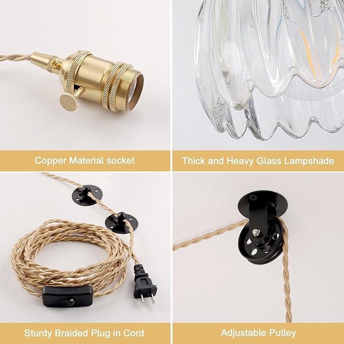 Shenmoyl Plug in Pendant Light Hanging Light Fixture Corded On/Off Switch Brass Pendant Light with Clear Tulip Glass Lampshade for Bedroom Living Room Kitchen Island