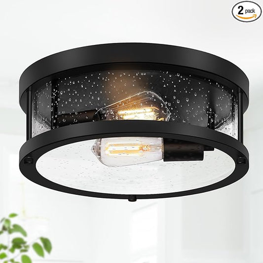 Black Flush Mount Ceiling Light Fixture, Farmhouse Light Fixture with Seeded Glass Lampshade, 2-Light Industrial Close to Ceiling Lighting for Hallway, Kitchen, Entryway, Foyer(Bulb Not Included)