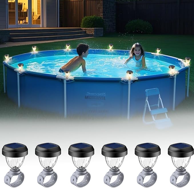 Solar Pool Lights for Above Ground Pools, LED Energy Saving Warm White Light, Waterproof for Frame Swimming Pools Night Accessories (6 Pcs)
