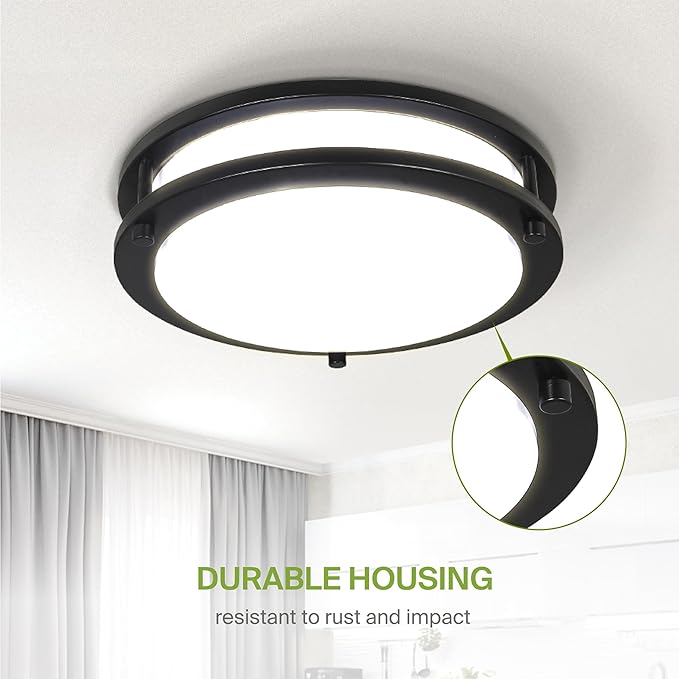 ASD LED 10" Round Flush Mount Lighting, Close to Ceiling Light Fixture | 3CCT, Dimmable, Energy Star, ETL Listed | 16W 1041LM 3000K-5000K 120V | Low Profile Double Ring Lamp | Black
