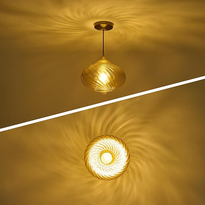 Glass Pendant Lights Kitchen Island, 11'' Gold Pendant Lighting Fixtures, Modern Hanging Ceiling Light with Striped Amber Glass Shade for Farmhouse Dining Room Bedroom Hallway(1 Pack)