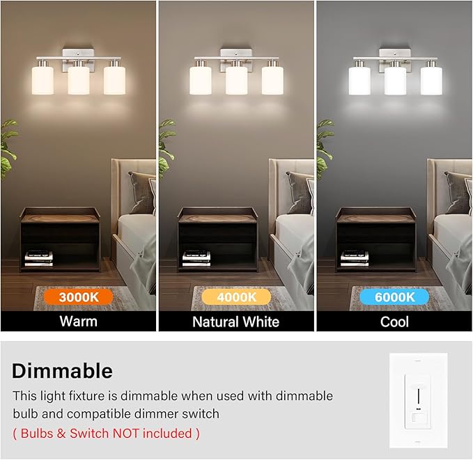 FonmYim Brushed Nickel Bathroom Light Fixtures, 3-Light Modern Vanity Light Over Mirror, Wall Sconces with Milky White Frosted Glass Shades, E26 Socket (Bulbs Not Included)