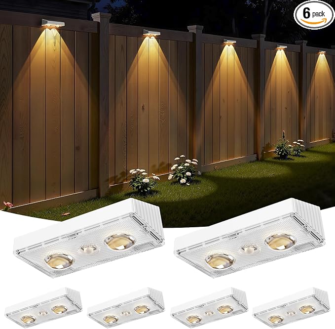 Bridika Solar Fence Lights Outdoor Waterproof, 6 Pack Solar Powered Deck Lights for Backyard, Wall, Patio & Garden - 8 Color Changing Modes, Bright LED with Lens, Dusk to Dawn White