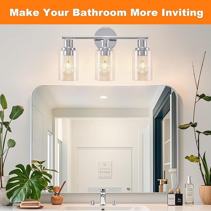 DLLT 3-Light Bathroom Light Fixtures: Chrome Modern Vanity Lights with Clear Glass Shade - Bathroom Wall Lamp for Mirror Kitchen Living Room - 2 Packs