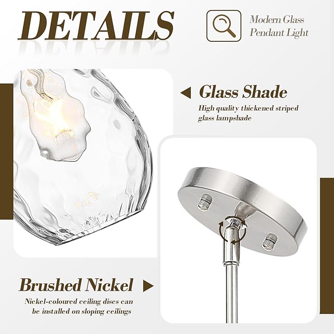 Brushed Nickel Pendant Lights Kitchen Island 2 Pack, Modern Glass Pendant Light Fixtures with Hammered Glass and Rods, Adjustable Small Hanging Light for Kitchen Sink Dining Room Bathroom