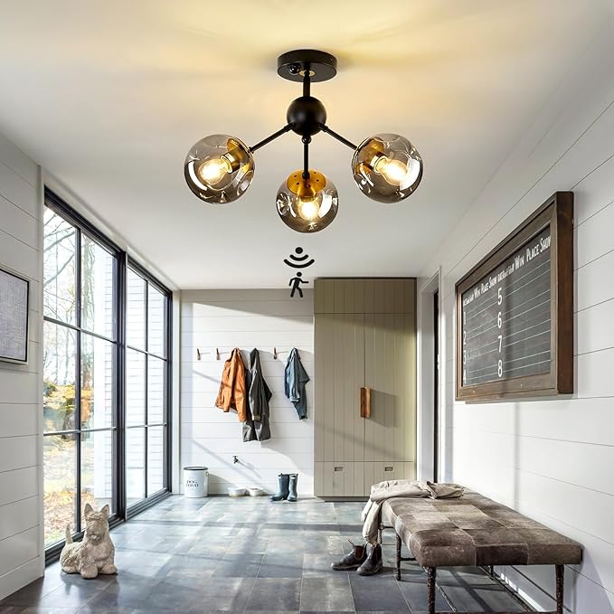 SZXYKEJI Motion Sensor Light Indoor 3-Light Vintage Semi Flush Mount Ceiling Light Fixture with Glass Globe Black Chandelier for Closet Hallway Stairway Porch Entryway