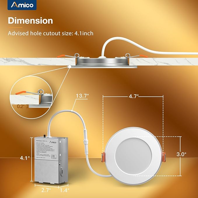 Amico 4 Pack 4 Inch 5CCT LED Recessed Ceiling Light with Night Light, 2700K/3000K/3500K/4000K/5000K Selectable Ultra-Thin Recessed Lighting, 10W=90W, 700LM, Dimmable Canless Wafer Downlight ETL&FCC