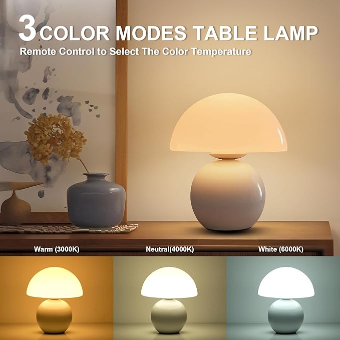 KARTOOSH Cordless Cute Mushroom Lamp with Remote Control, 9 RGB, Cordless Lamps for Tables, 3 Color Temperature, Stepless Dimmable, Timer, Memory, Unique Aesthetic Home Decor for Living Room (White)