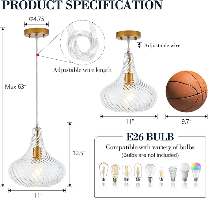 Glass Pendant Lights with Striped Shade 11inch Modern Gold Pendant Lighting Fixtures for Kitchen Island Adjustable 1 Light Large Ceiling Hanging Light for Kitchen Sink Dining Room Hallway, UL Listed