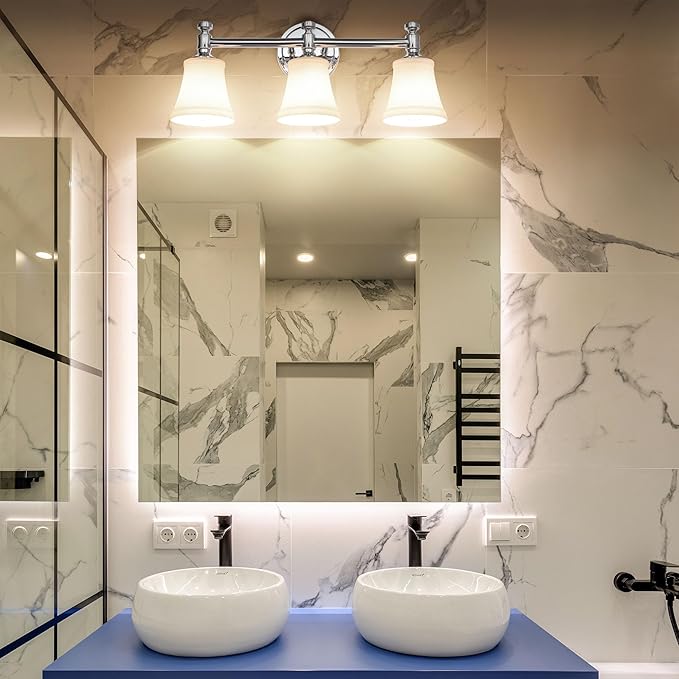 Bathroom Vanity Light Fixtures, Traditional Chrome 3 Lights Wall Sconce Lighting with Opal Glass Shade, Porch Wall Mount Light Fixture for Bathroom, Mirror Cabinets Hallway Stairs