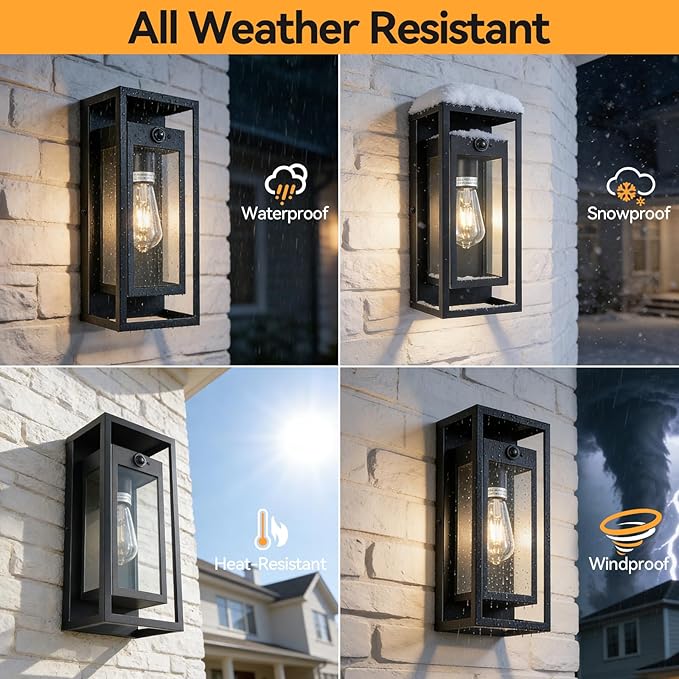 14" Motion Sensor Outdoor Light Fixture Wall Mount, Black Exterior Lighting Fixtures Dusk to Dawn Outdoor Lighting for House Exterior Coach Lights with Clear Glass for Garage Porch Patio 2Pack