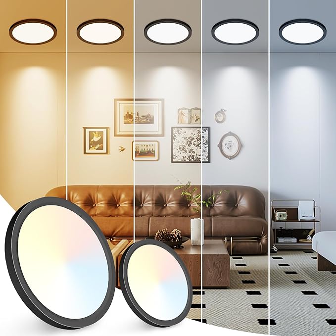 Peasur 7 inch LED Ceiling Light, 3000K/3500K/4000K/5000K/6500K Adjustable Flush Mount Light Fixture,1500LM 15W Thin Black Round Lamp for Hallway Kitchen Bathroom Bedroom, 2Pack