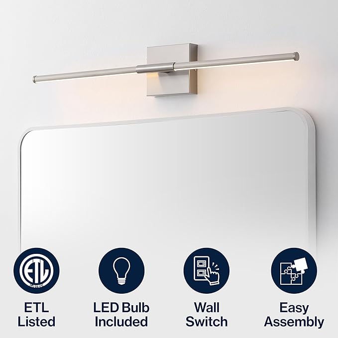 JONATHAN Y 28" Nickel Modern Dimmable Integrated LED Wall Sconce, Minimalist Adjustable Metal Vanity Light for Bathroom Mirror, Bedroom, Hallway, 3000K, ETL Listed (JYL7041E)