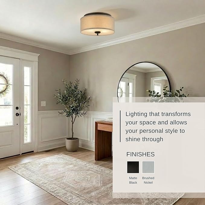 Quoizel Blanche 16" Flush Mount Ceiling Light with Premium Fabric Shade, Brushed Nickel, ETL Damp Rated for Kitchen or Bath