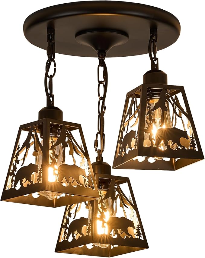 Farmhouse Rustic Ceiling Light Fixture,Black Metal Cage Pendant Lights Kitchen Island with Bear,Industrial Hanging Pendant Lighting for Dining Room Bedroom Entryway Hallway Foyer