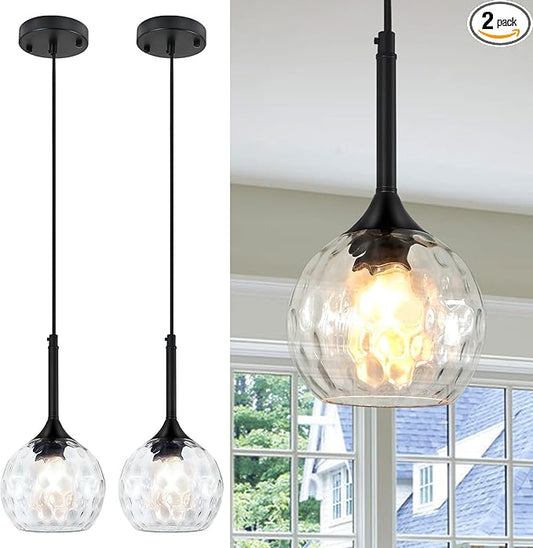 JHLBYL Glass Pendant Lights Kitchen Island: 5.91'' 2-Pack 1-Light Hammered Glass Pendant Light with Black Finish - Modern Minimalist Hanging Light Fixture for Kitchen Sink Dining Room - E26 Base