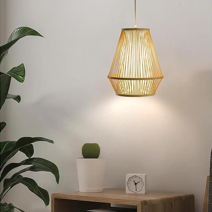Boho Rattan Pendant Light, 12" Handwoven Bamboo Wicker Basket Shade Pendant Light Fixture, Natural Rustic Farmhouse Chandelier for Kitchen Island, Dining Room, Bedroom