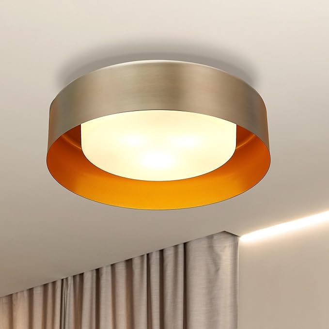16in Ceiling Light, 3-Light E26 Bulb Type, Frosted Glass Lampshape, Large Modern Flush Mount Lamp Fixture for Living Room Bedroom Kitchen Hallway Foyer, Gold