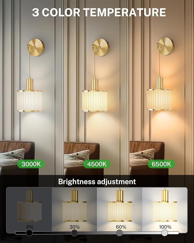 SAIMAND Battery Operated Wall Sconce Set of 2, Wireless Rechargeable Wall Lights with Remote Control, 9 Colors Dimmable LED Lamps, Modern Cordless Sconces for Bedroom Living Room Hallway(Gold)