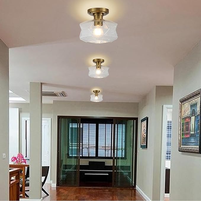 Industrial Semi Flush Mount Ceiling Light, 9 inch Vintage Farmhouse Light Fixture with Seeded Glass Shade, Brushed Brass Canopy for Kitchen, Bathroom, Hallway, Corridor, Passway, Bedroom