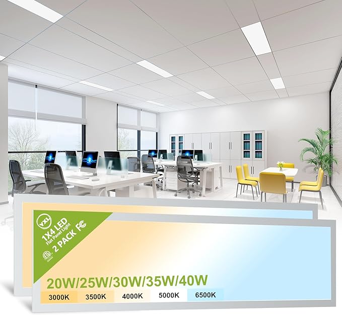 2 Pack 1x4 LED Flat Panel Light Surface Mount Drop Ceiling Light Fixture, 5200LM, 5CCT LED Drop Ceiling Office Light, 40W/35W/30W/25W/20W Selectable,6500K/5000K/4000K/3500K/3000K,Dimmable 0-10V,ETL