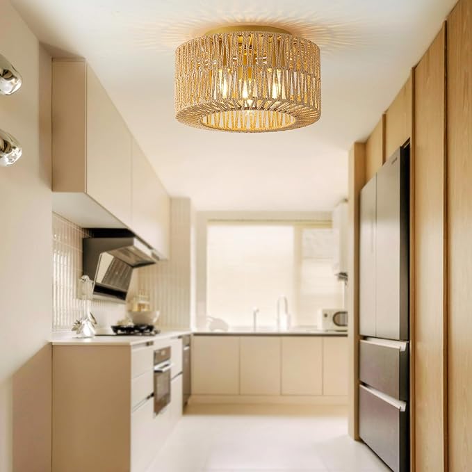 12.6”Rattan Flush Mount Ceiling Light Fixtures, 3-Light Boho Light Fixture Rattan Hand-Woven Chandelier Close to Ceiling Light Fixture for Bedroom Hallway Kitchen Dining Room Nursery(Brown)