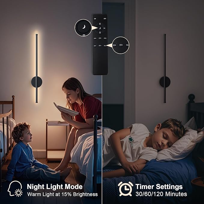 Battery Operated Modern Wall Sconces Set of Two,Rechargeable Wireless Wall Lights with Remote Control,Dimmable,3CCT,Timer,360°Rotation,Cordless Lighting for Bedroom,Living Room,Hallway,Black,23.6 Inch