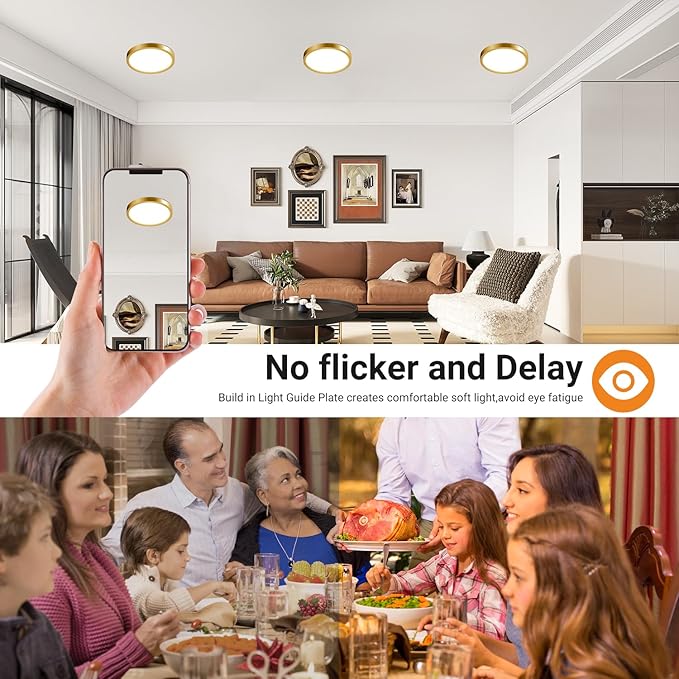 slochi Gold LED Flush Mount Ceiling Light Fixture, 7 Inch 15W, 1500LM, Super Slim 0.7 Inch, 3000K-6500K Adjustable Low Profile LED Ceiling Lights for Bathroom, Closet, Hallway, 2Pack