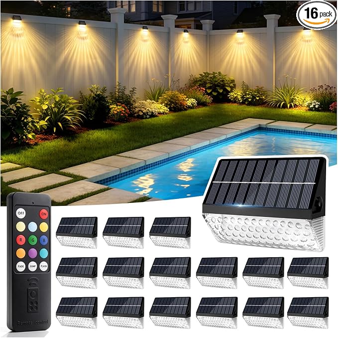 LumiZen Fence Lights Solar Powered with Remote 16 Pack, Warm White, Cool White and RGB Color Glow LED Solar Lights Outdoor, Dusk to Dawn Solar Fence Lights for Patio, Backyard, Railing, Deck, and Wall