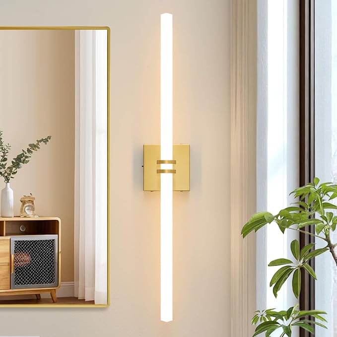 Bathroom Light Fixtures,Gold 28W LED 360° Full Lighting Modern Wall Sconce Vanity Light with 5-Color Dimmable 3000K-6000K, 29.92inch Vanity Lighting for Bath, Powder Room, Bedroom, Hallway