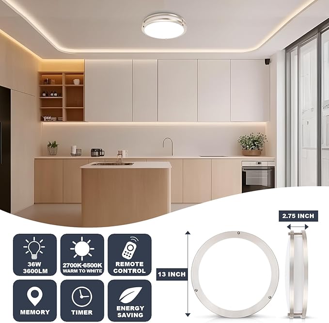 OOWOLF 13.01inch LED Flush Mount Ceiling Light Fixture Remote Dimmable Matte Black, Easy Install LED Ceiling Lamp Without Flicker, Super Bright 36W 3600LM Warm to White Light 2700K to 6500K 2-Pack