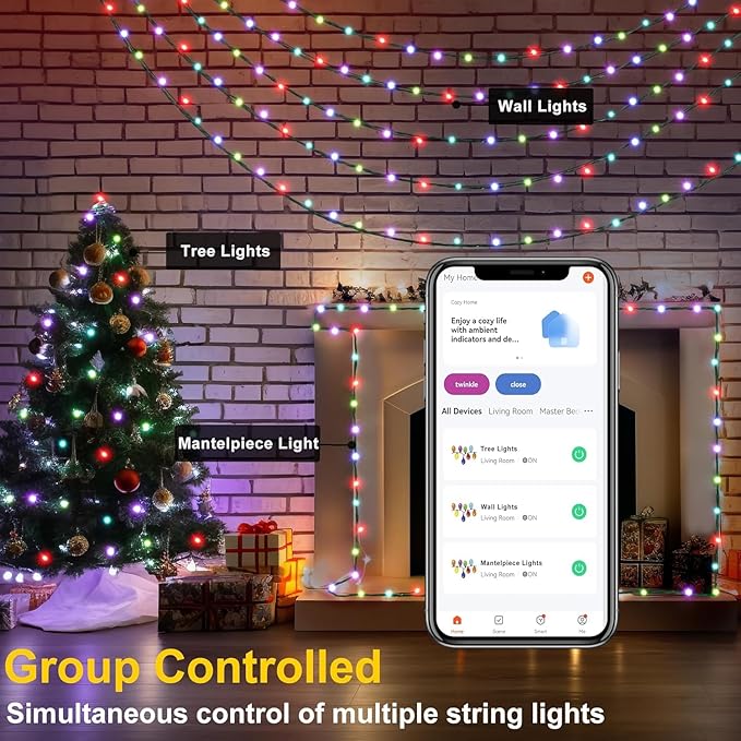 PMS Smart WiFi LED Christmas Lights, APP-Controlled RGB Fairy String Lights, Ideal for Xmas Tree, Garden, Home, Party, Halloween Festival Deco (66ft-200LED)