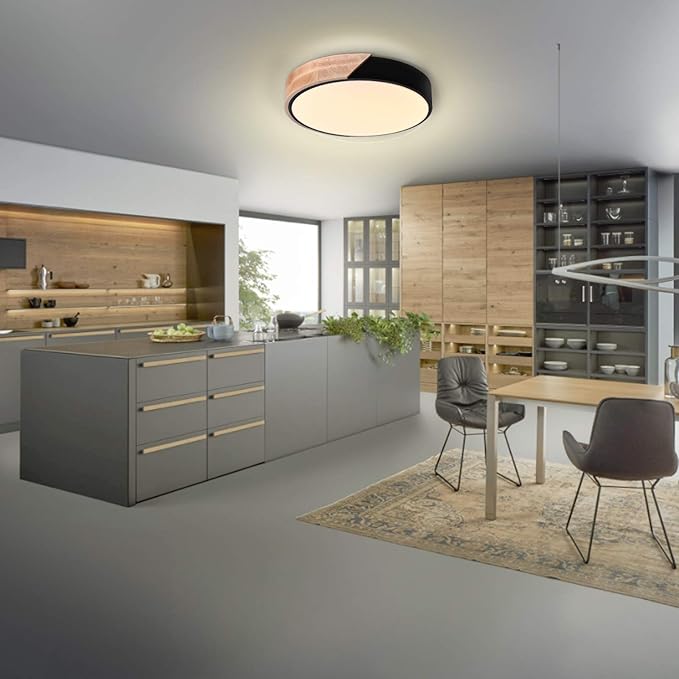 EDISLIVE Ceiling Light Dimmable 11 inch Modern Minimalist LED Round Shaped Wood & Metal & Acrylic Flush Mount Ceiling Light with Remote Control Black