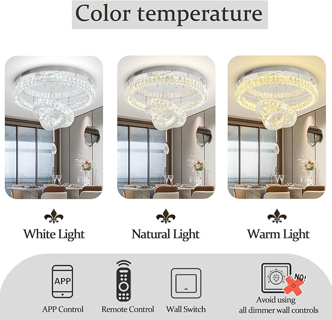Flashing God Dia 32'' Modern Chandeliers for Living Room Crystal Flush Mount Ceiling Chandelier Large Chandeliers for Dining Room Bedroom LED Dimmable 3000-6000K Chrome