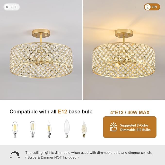 Gold Crystal Ceiling Light Fixture,Modern Semi Flush Mount Ceiling Lighting Fixture,Round Small Chandelier for Dining Room, Hallway, Entryway, Kitchen, Bedroom,Foyer,4 Light,15.7 inch