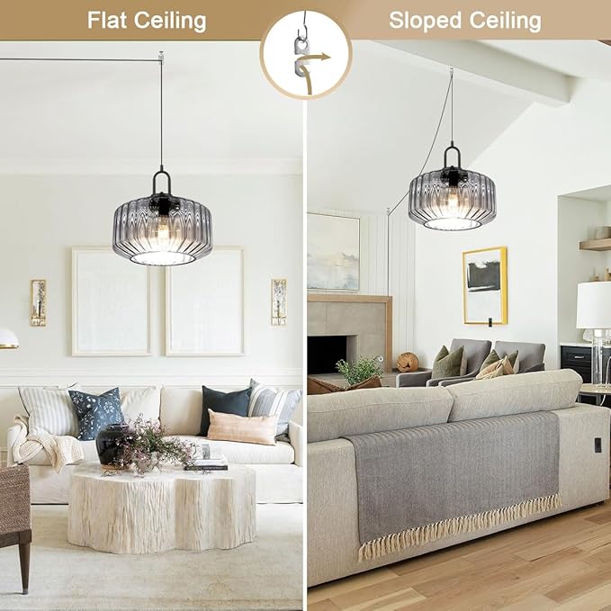 Plug in Hanging Light Gray Glass Pendant Light Fixtures with in Cord Mid Century Modern Chandelier Striped Glass Shade Farmhouse Plug in Hanging Lamp for Living Room Entryway Pantry