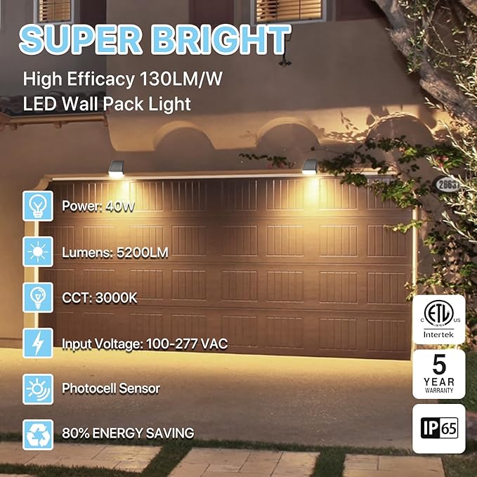 HYPERLITE LED Wall Pack Light: 40W 3000K Wall Pack Lights Outdoor with Dusk to Dawn Photocell, 5200lm ETL Listed Adjustable Full Cut Off Wall Packs for Porch Yard Barn Warehouse Garage
