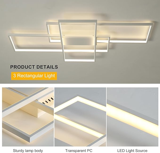 Jaycomey Modern Ceiling Light Dimmable LED Chandelier with Remote Control,50W 3-Layer Square Ceiling Lamp Acrylic Flush Mount Ceiling Lights Fixtures for Bedroom Dining Living Room Kitchen(White)